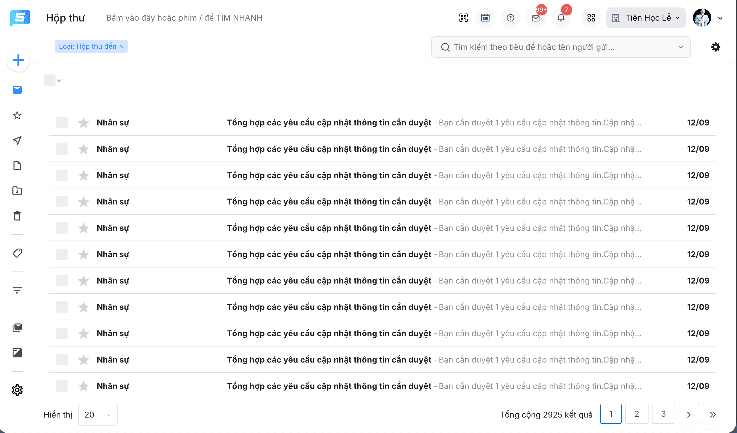 Haraworks inbox with mailbox-type filter, sender and subject rows, dates, and pagination